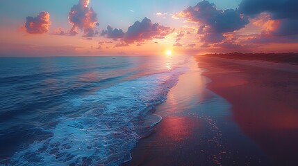 Drone capturing a coastal scene at sunrise, with the sky painted in warm hues and the ocean reflecting the colors of dawn.