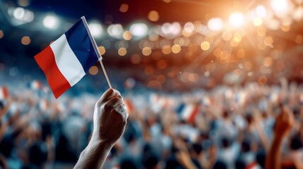 Enthusiastic French supporters filling the stadium, waving flags and shouting, the vibrant atmosphere of a major sports event, photorealistic detail showing every expression