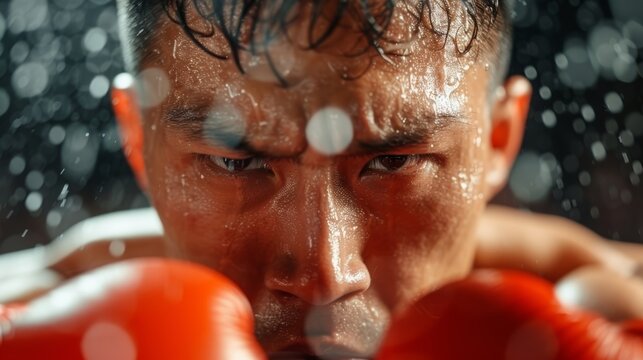 Focused Asian boxer in action, powerful uppercut in a well-lit boxing ring, sweat flying, crowd cheering, ultra-realistic detail in 8k, dramatic scene