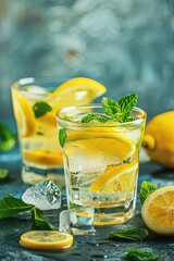 Fototapeta premium Homemade refreshing summer lemonade with lemon slices, mint leaves and ice in a glass. 