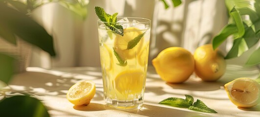 Homemade refreshing summer lemonade with lemon slices, mint leaves and ice in a glass. 