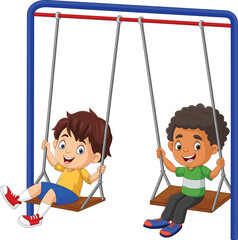 Illustration cartoon of two boys swinging