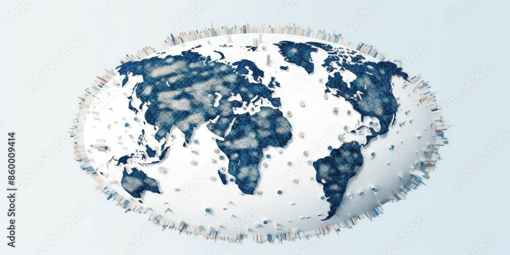 Poster image of stylized world map in blue with a 3d effect on a white background. concept of global connec