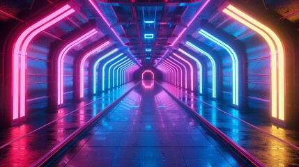 Futuristic Neon Lit Tunnel with Reflective Floors