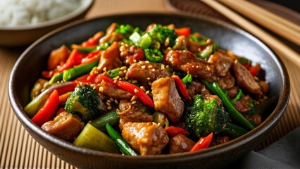 Fototapeta premium Delicious stirfry with chicken and vegetables ready to be savored