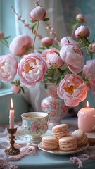 
A scene featuring peonies, a cup of coffee, a candle holder with a lit candle, and some desserts