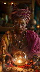 She is sitting at the fortune teller's table, looking at the camera