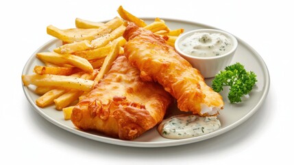 Delicious plate of fish and chips with tartar sauce