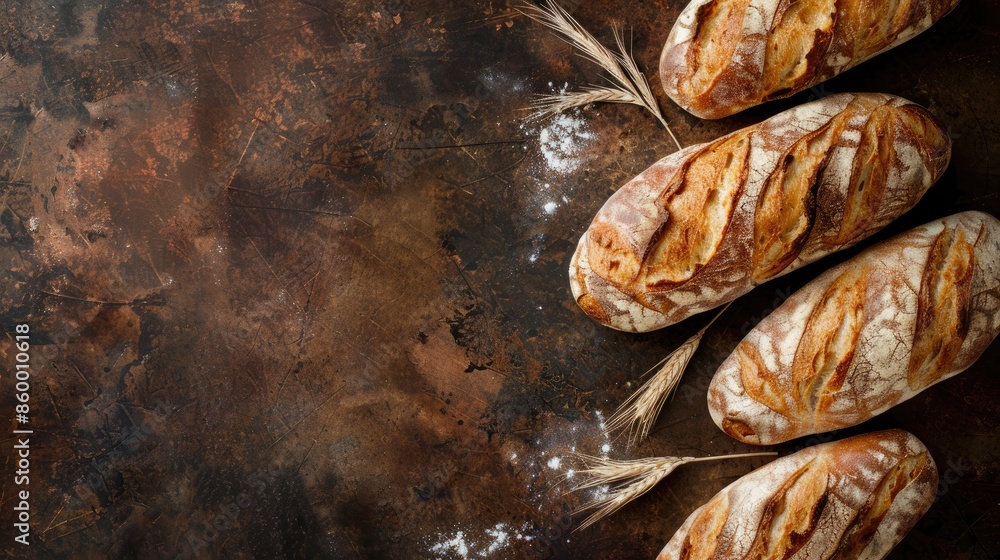Poster freshly baked bread on rustic background with room for text top down view
