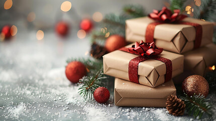 wide horizontal red and gold Christmas party background banner with wrapped and decorated gift boxes on a table with blank white space   