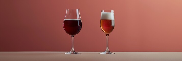 Craft Beer and Red Wine on Beautiful Red Background, Generated by AI.