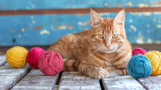 Ginger cat lounging with colorful yarn balls on wooden surface