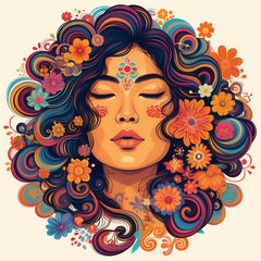 Colorful illustration of a woman's face embracing psychedelic 'flower power' revival, featuring vibrant colors and retro artistic vibes