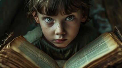 Close up of attractive child reading a book while looking at camera. Elementary student holding fairy tale novel book or bedtime stories with blurring background. Creative activity concept. AIG42. © InfiniteFlow