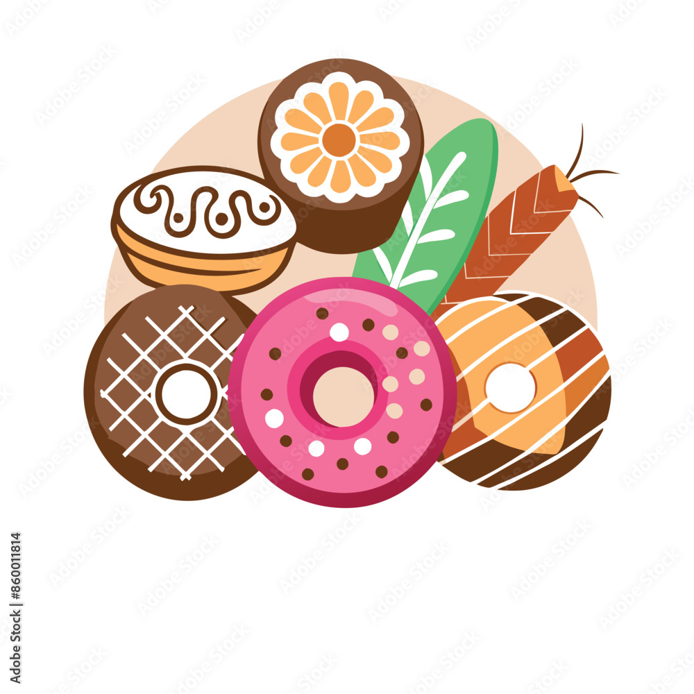 Aufkleber high-res minimal logo for a bakery shop, showcasing a colorful array of donuts & pastries arranged i