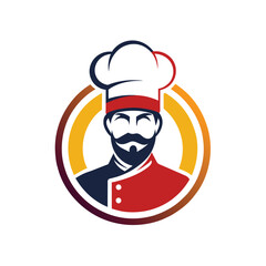 A minimalist logo design featuring a chef in a chefs hat and uniform, with a beard and mustache, in a circle