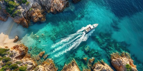 Obraz premium Aerial View of a Boat Cruising through Crystal Clear Turquoise Waters