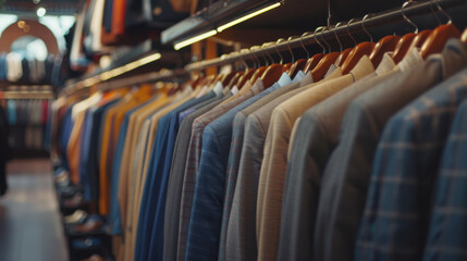 A neatly arranged row of hanging suits in various colors inside a clothing store, emphasizing fashion and retail.