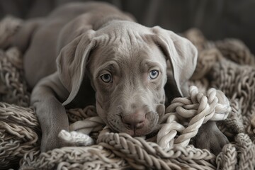 A Weimaraner puppy with his head resting on a toy, playfully biting at its tail made of fabric and rope, creating an adorable scene of playful ferocity in high definition photography. The puppy's pose