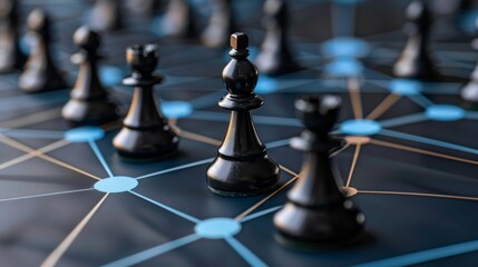 Strategic chess game with connected network on blue background