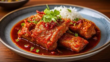 Fototapeta premium Deliciously spiced meat in a rich sauce served with fluffy white rice
