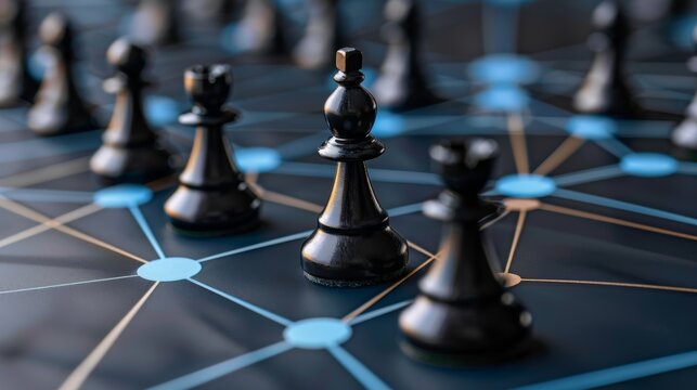 Strategic chess game with connected network on blue background - Powered by Adobe