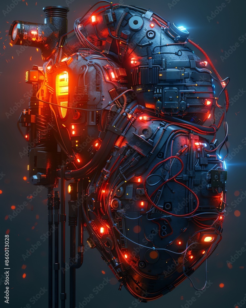 Poster pixel art side view of a pacemaker, featuring retro-inspired elements like blocky wires and vibrant 