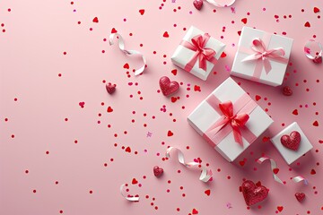 Valentine or Mother day banner design with gift boxes, red heart, confetti on pastel pink background