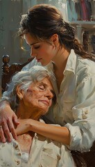 poignant oil painting depicting a comforting scene of an elderly person with dementia receiving compassionate care  essence of empathy and understanding in soft, soothing colors and