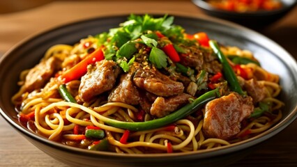 Fototapeta premium Delicious Asianinspired noodle dish with stirfried vegetables and meat