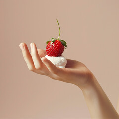 Hand holding a strawberry with cream, showcasing a delicious and simple dessert concept with copy space