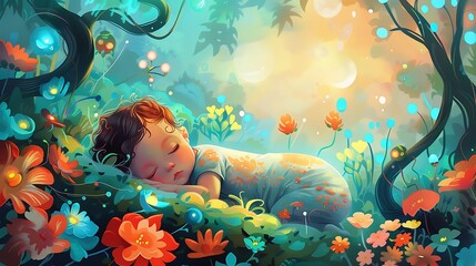 A vibrant, high-definition illustration of a sleeping newborn baby in a whimsical setting