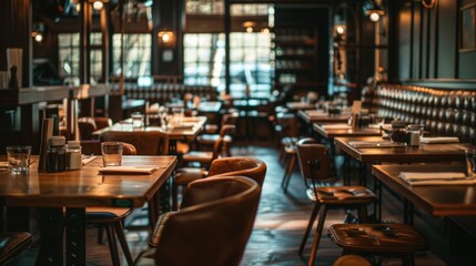 Fototapeta premium Cozy Restaurant Ambience with Soft Lighting and Wood
