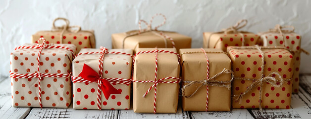 Fototapeta premium wide horizontal red and gold Christmas party background banner with wrapped and decorated gift boxes on a table with blank white space 