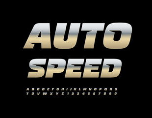 Vector industrial banner Auto Speed. Glossy Silver Font. Unique Metallic Letters and Numbers set.
