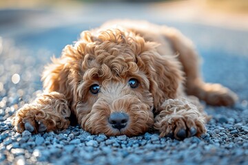 A brown curly-haired labradoodle puppy lies on the blue gravel, the light of dawn shines in its eyes. The photo has a soft, professional look with soft shadows and clean, sharp focus. It appears to be