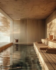 Minimalist sauna interior design wooden benches water reflections natural light entering from side photo realistic wide angle