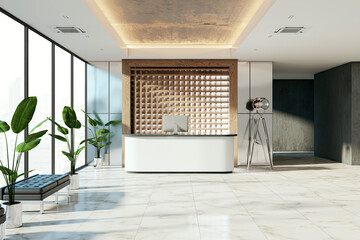 Modern lobby interior with reception desk, marble floor, and large windows, concept of corporate building. 3D Rendering