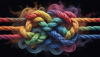 Team rope diverse strength connect partnership together teamwork unity communicate support. Strong diverse network rope team concept integrate braid color background cooperation empower power.