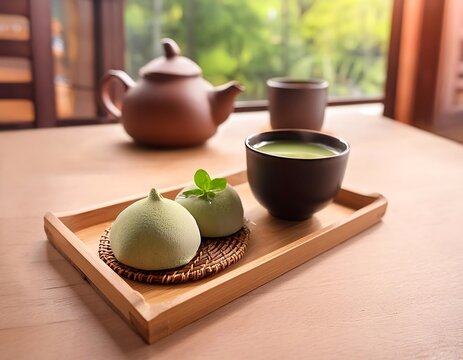 A cozy Japanese cafe setting with Yonpachi Purin served on a wooden tray