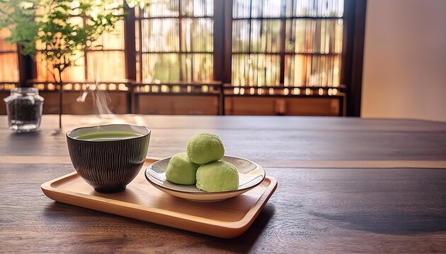 A cozy Japanese cafe setting with Yonpachi Purin served on a wooden tray