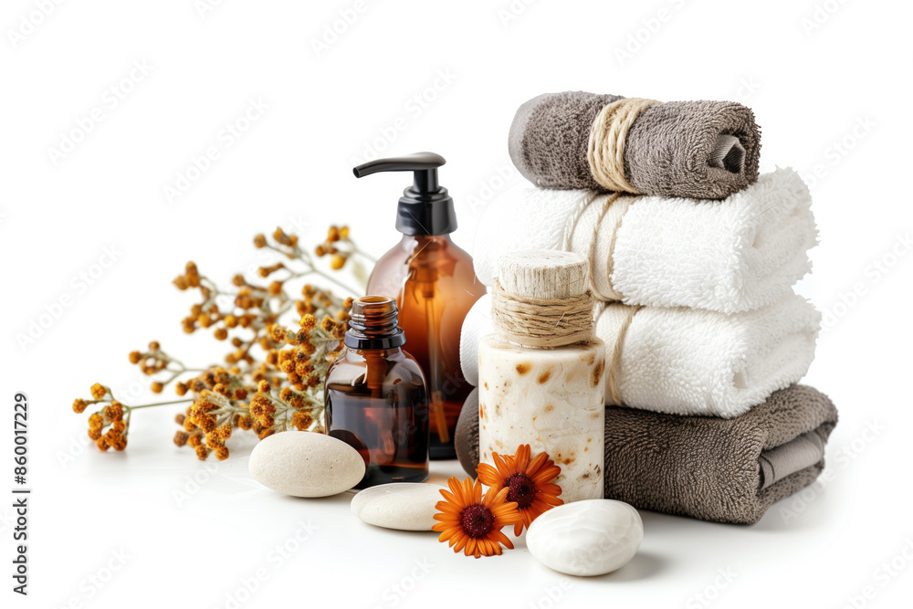 Poster spa product arrangement isolated on a white background. created with generative ai technology.