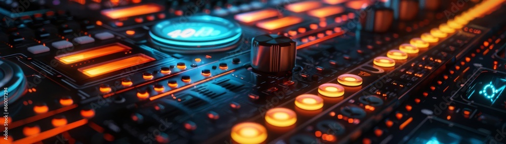 Poster vibrant close-up of a futuristic audio control panel with glowing buttons and knobs, representing ad