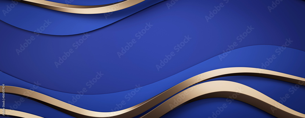 Aufkleber abstract blue layers with gold lines on a dark background, concept of luxury and elegance. 3d render