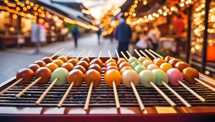 Naklejka premium A traditional Japanese street stall selling freshly grilled Yonpachi-yaki Dango