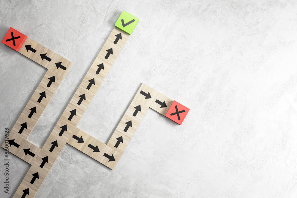 Fototapete Blocks with arrows forming a path, one with a green check mark, another with a red cross, depicting choice or decision concept on a stone texture background. 3D Rendering