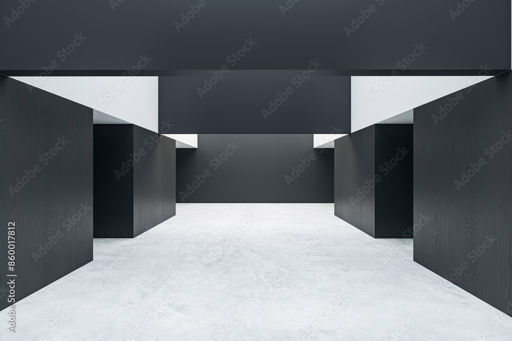 Poster a modern gallery interior with black walls, contrasting white details and an empty light grey floor,