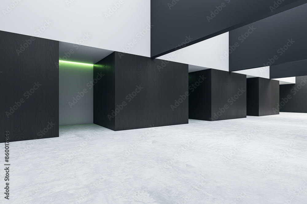 Poster a modern interior design concept of an empty gallery space with black walls, concrete materials, and
