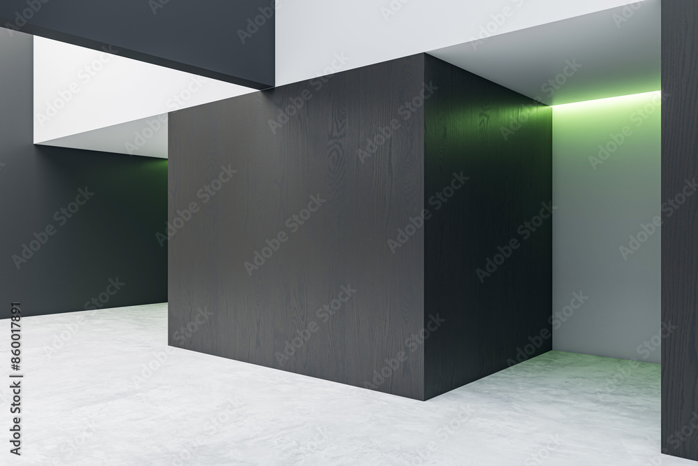 Aufkleber an empty, modern exhibition space with black and wooden walls on a grey background, illuminated by s