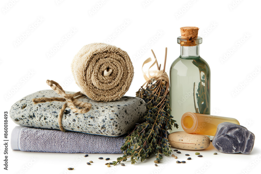 Poster spa product arrangement isolated on a white background. cutout image for showcasing wellness and hea